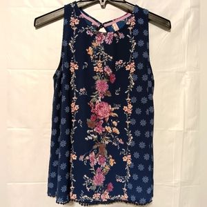 Xhilaration EUC A-line Dressy Tank, Navy With Pink Floral, Size Medium